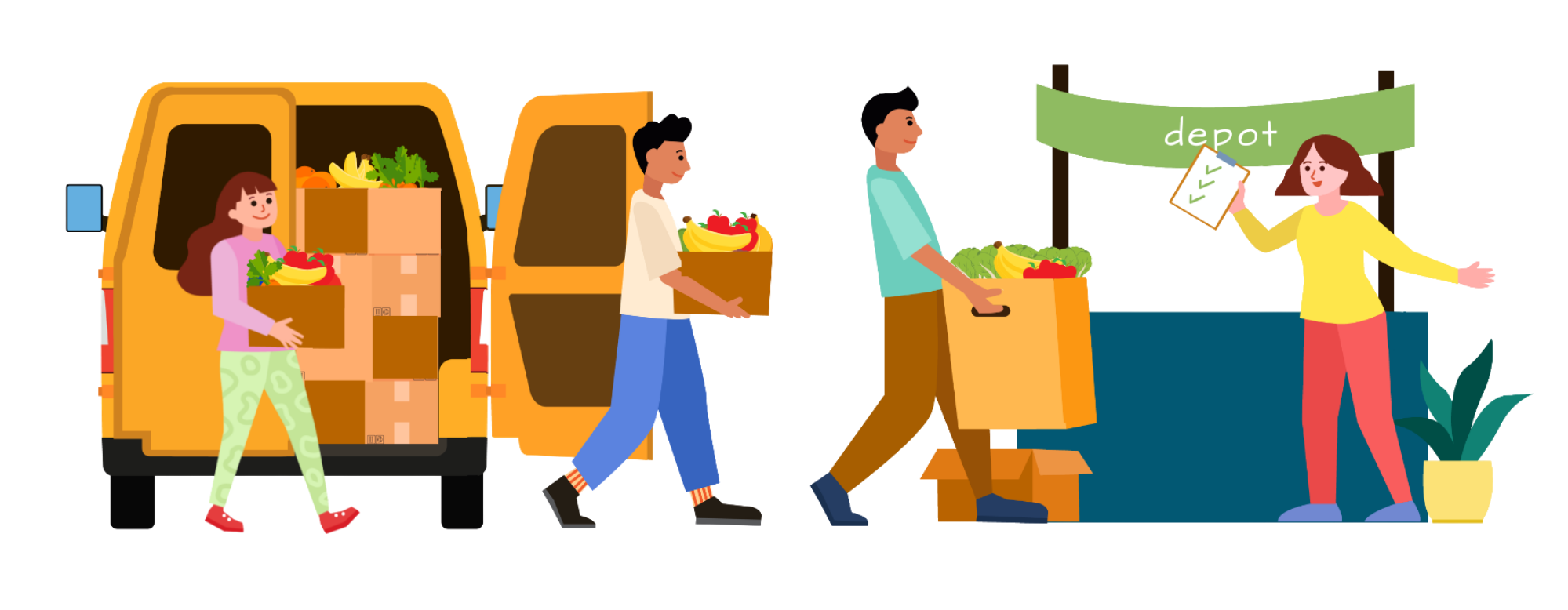 A graphic of a food box with a banana, chicken, beef, orange, lettuce and potatoes