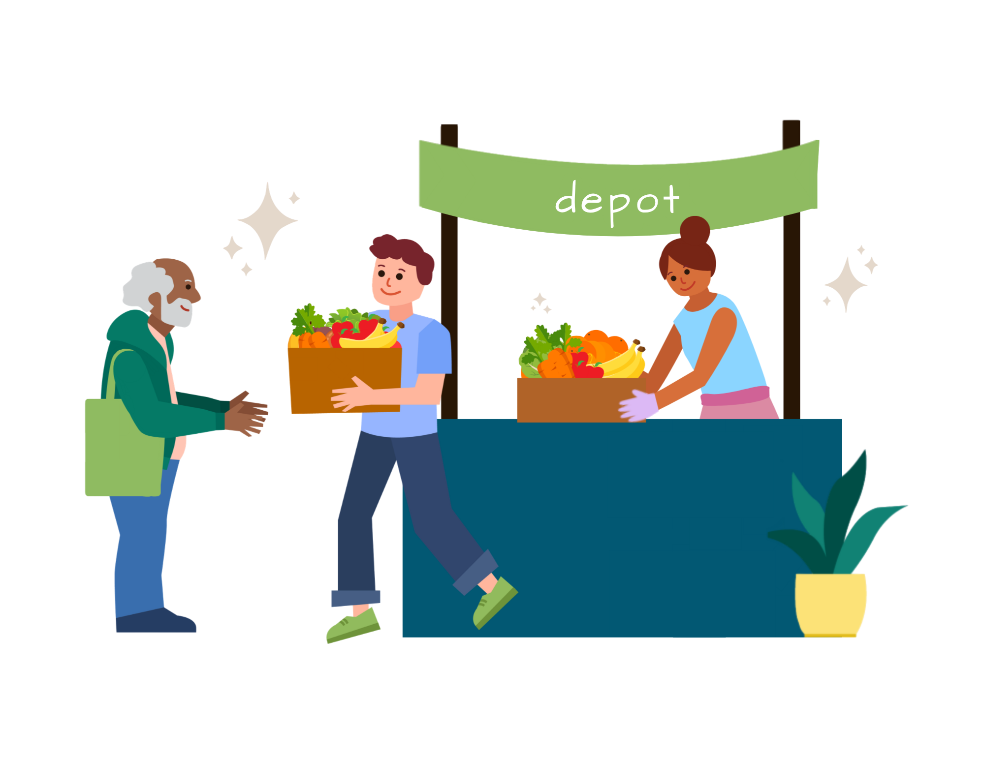 A graphic of people picking up food