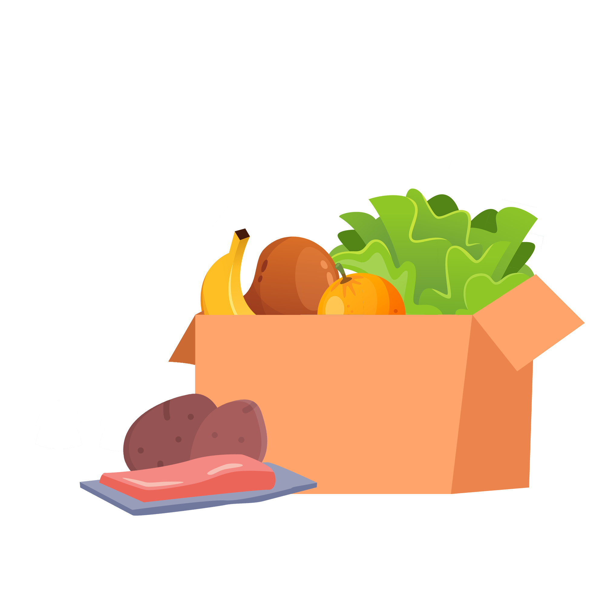 A graphic of a food box with a banana, chicken, beef, orange, lettuce and potatoes