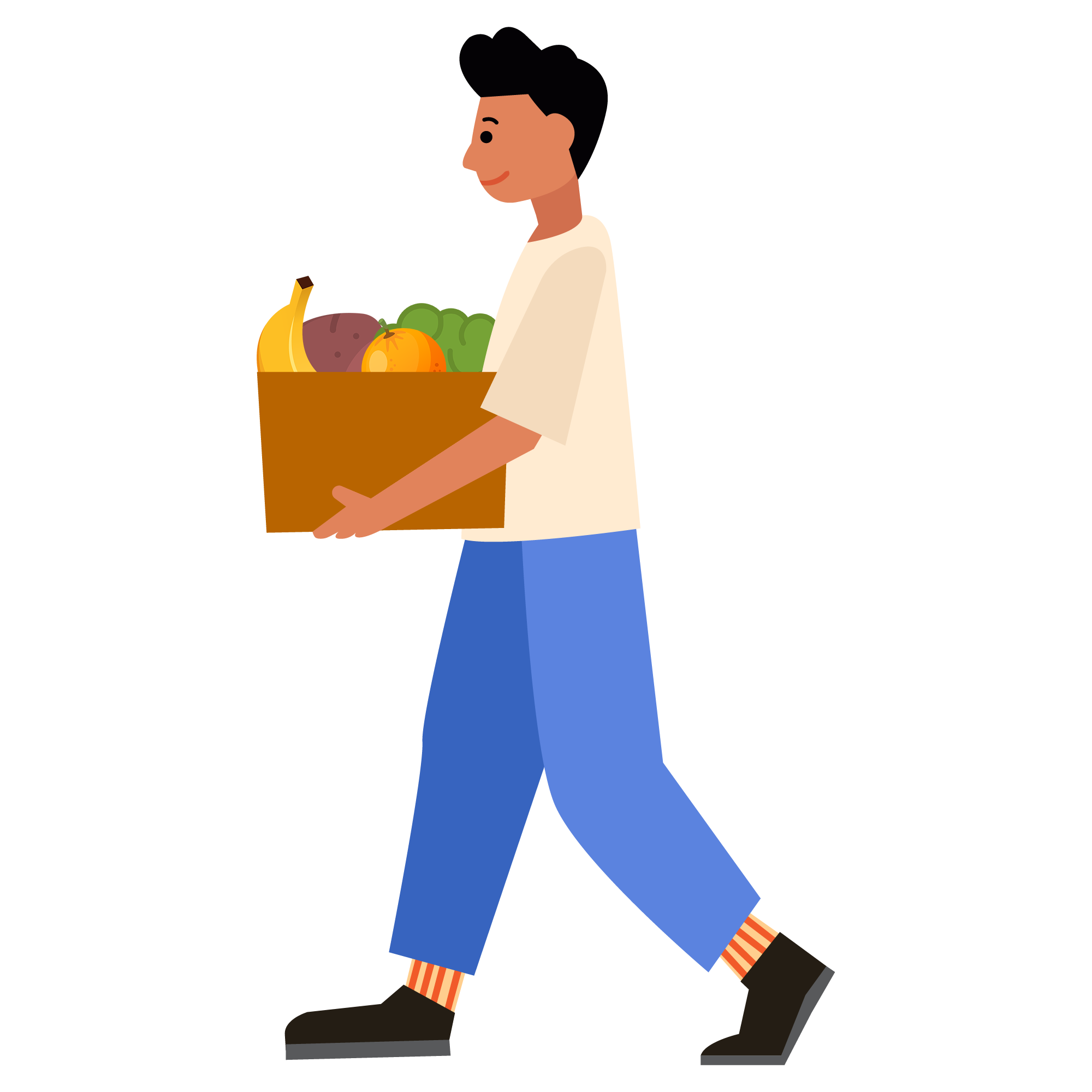 A graphic of a man carrying a box with bananas, potatoes, oranges and brocolli